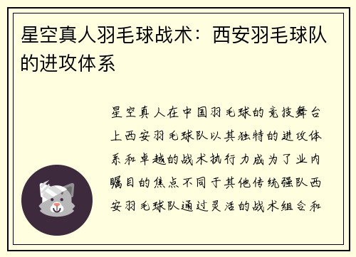星空真人羽毛球战术：西安羽毛球队的进攻体系
