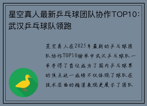 星空真人最新乒乓球团队协作TOP10：武汉乒乓球队领跑